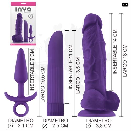 Kit de Dildo 5 con sopapa,Vibrador rigido y plug anal violetas.